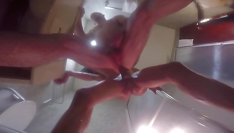 Shemale takes a big cock in the shower and cums on the man