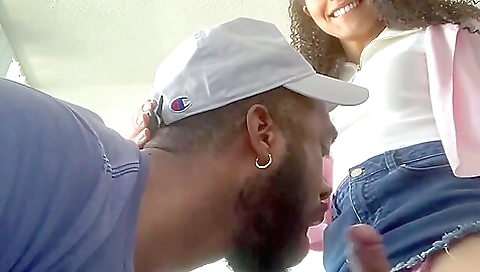 Ebony girl with a big natural tits sucking his cock and cuming