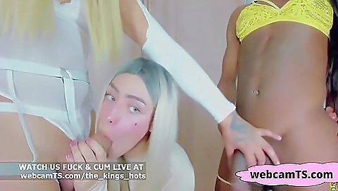 Ebony shemale and a latina slut get fucked together