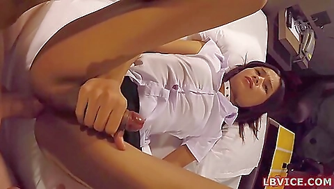 Asian bitch is having her anal fucked in a black dress