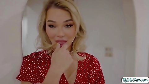 Busty blonde with large tits gives a deepthroated ride