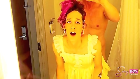 Guy fucks a red-haired babe on the camera in a hardcore way
