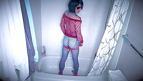 Latina in stockings and lingerie toys in the shower