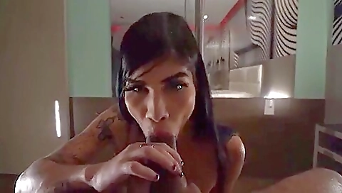 Brunette with a deep throat gives a blowjob and assfucked