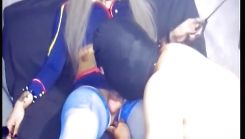 Busty asian shemale in sexy cosplay fucks masked teen on the bed