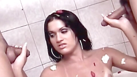 Busty shemale gets fucked by two dicks in a hardcore threesome