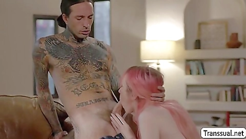 A redhead seductively takes a hard dick into her hairy pussy